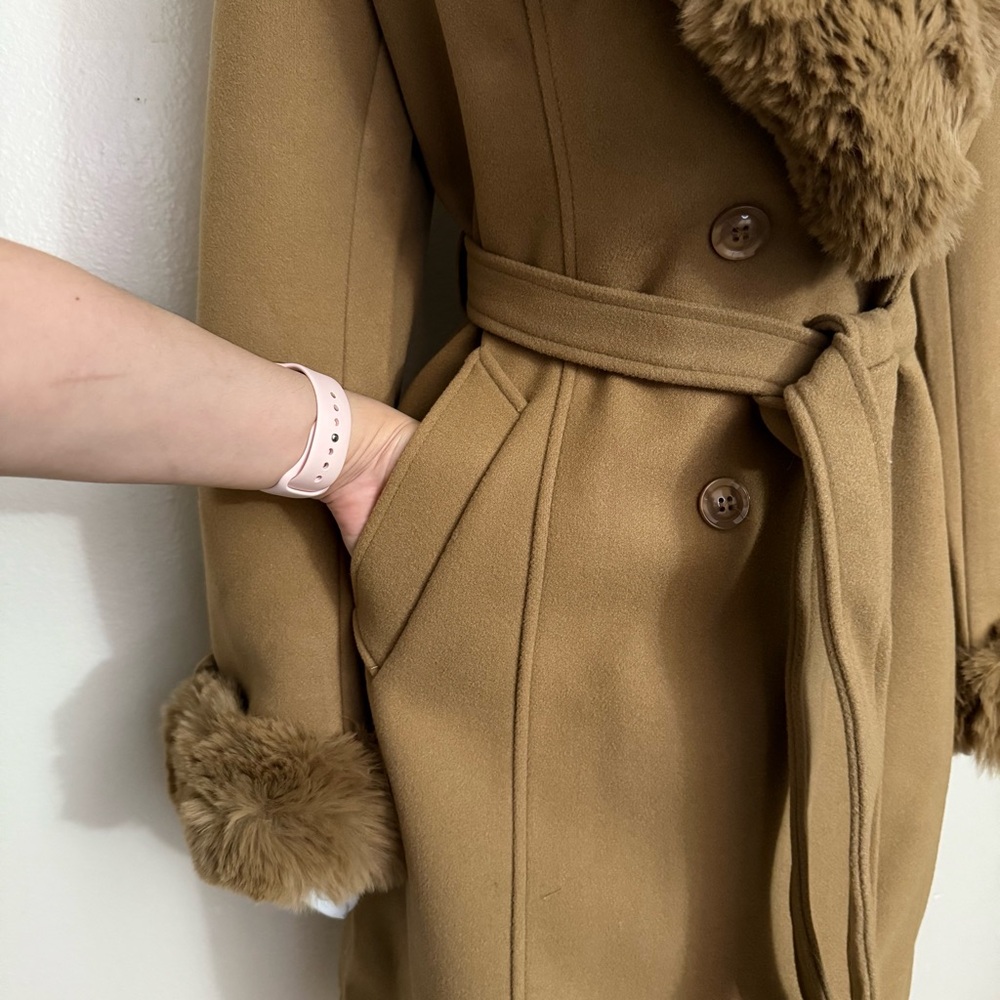 Khaki removable faux fur on collar and cuffs belted pea coat - Picture 5 of 14